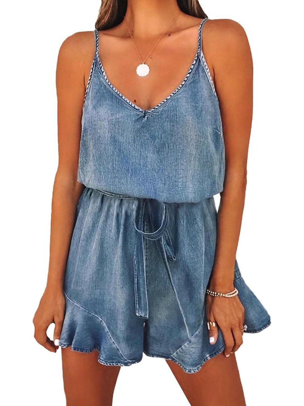 Women's Blue Denim V Neck Beach Tank Rompers High Waist Flowy Ruffle Jumpsuits